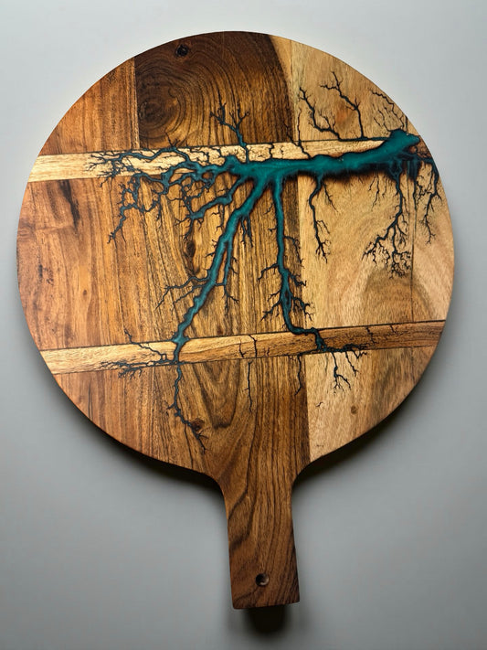Australian resin cheese board with teal resin river and lightning fractal burn design on acacia timber, artisan board East Gippsland, Fractal Flow Designs