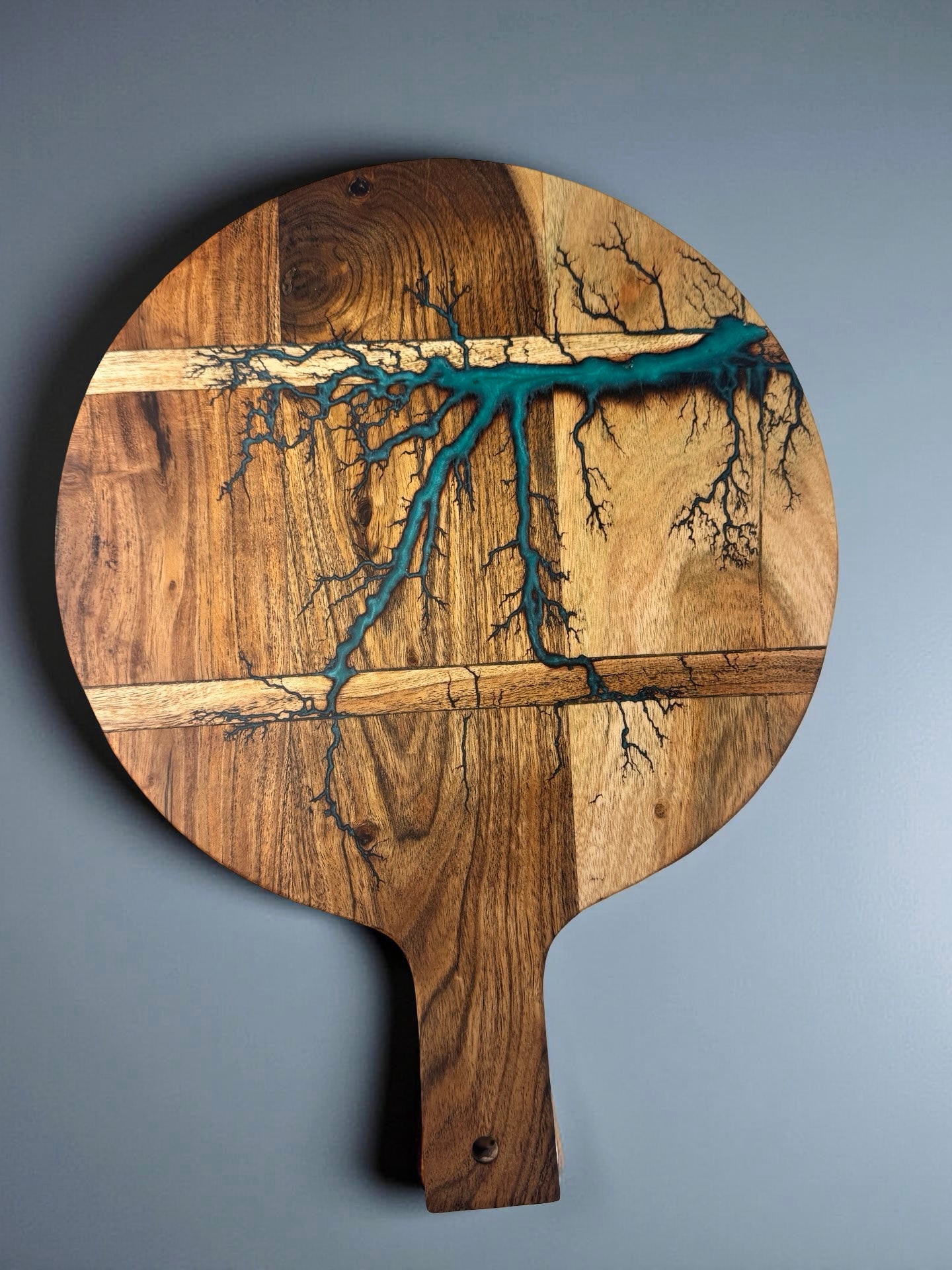 Handmade acacia charcuterie cheese board featuring teal resin river and fractal burning artwork, Australian resin boards East Gippsland, Fractal Flow Designs