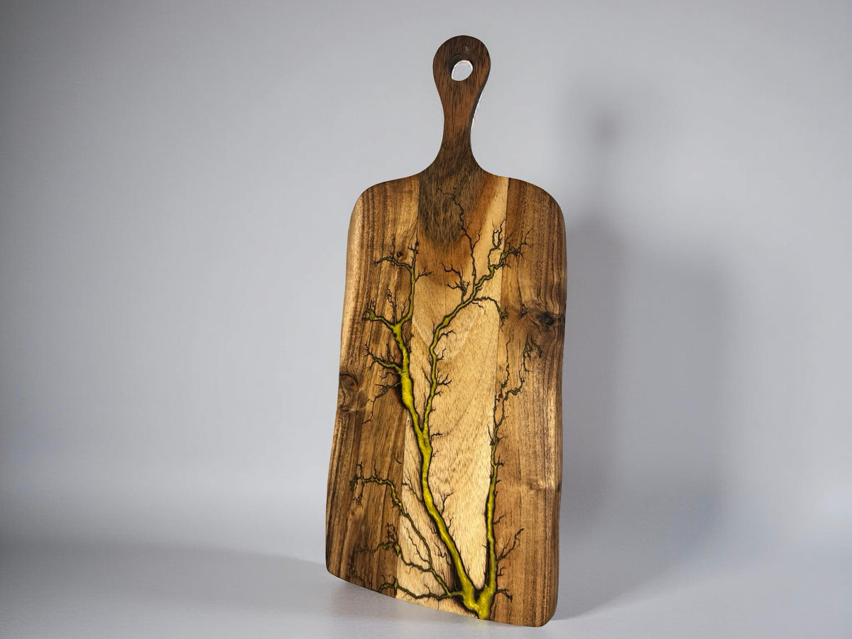 Yellow resin charcuterie paddle board with fractal lightning burn design across acacia timber, premium resin boards Australia, Fractal Flow Designs