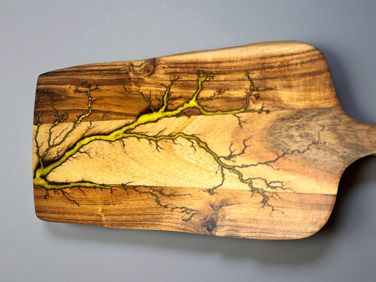 Acacia timber grazing paddle board with yellow resin and fractal lightning burn artwork, handcrafted resin serving board East Gippsland Australia, Fractal Flow Designs