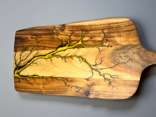 Acacia timber grazing paddle board with yellow resin and fractal lightning burn artwork, handcrafted resin serving board East Gippsland Australia, Fractal Flow Designs