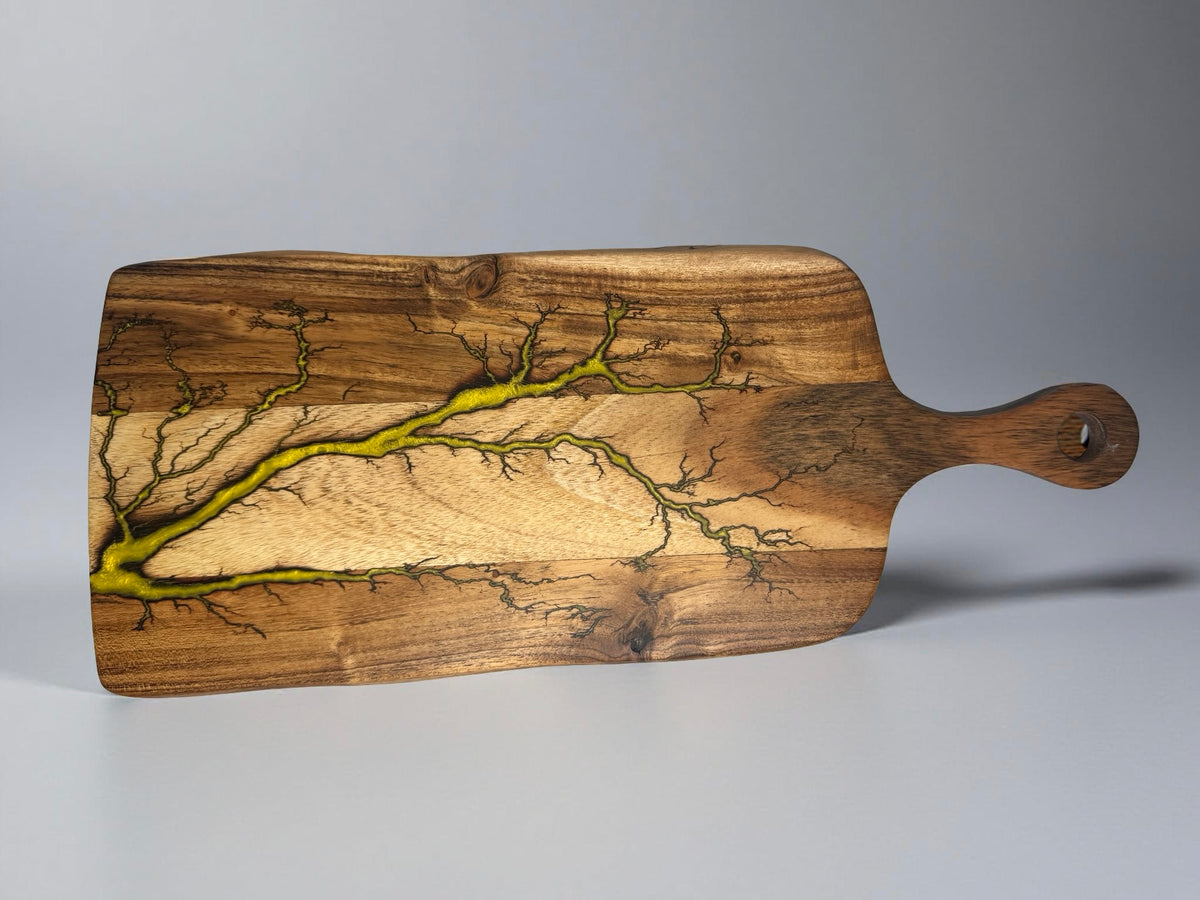 Acacia timber paddle cheese board with bright yellow resin inlay and fractal burn lightning artwork, handmade Australian resin board East Gippsland, Fractal Flow Designs