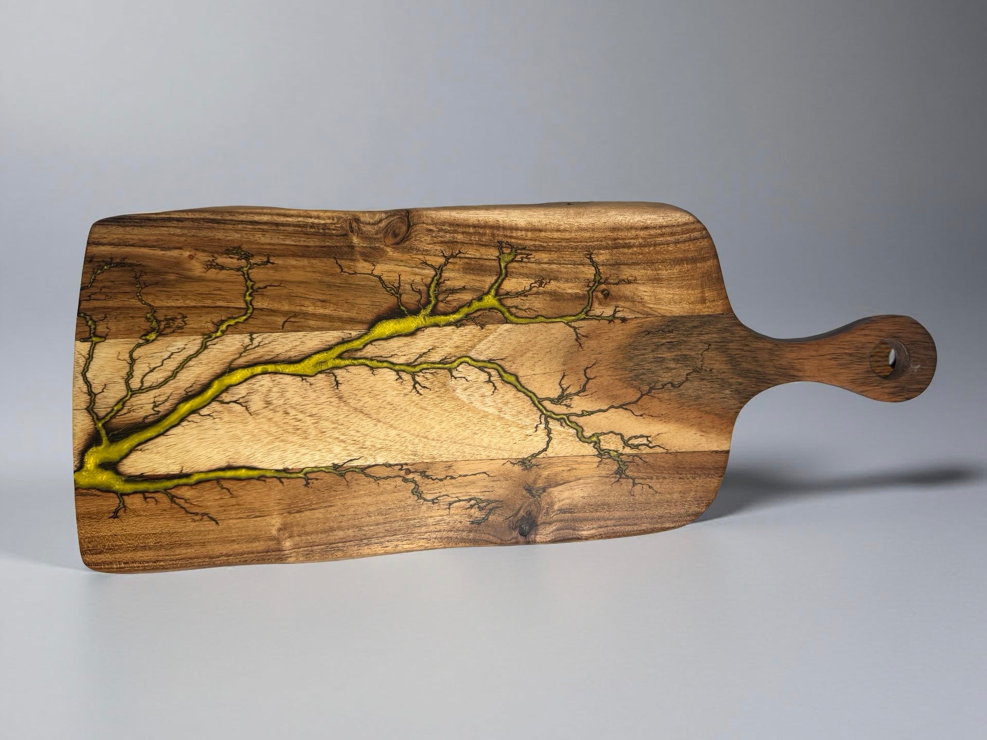 Acacia timber paddle cheese board with bright yellow resin inlay and fractal burn lightning artwork, handmade Australian resin board East Gippsland, Fractal Flow Designs