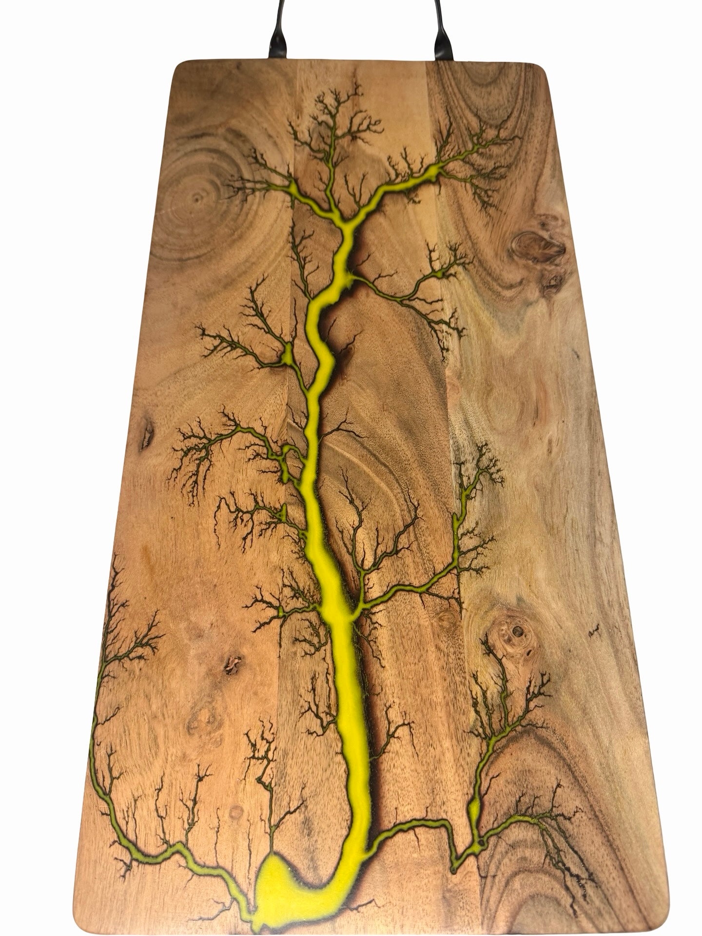 Acacia timber serving board featuring bright yellow resin river and natural fractal burning pattern, artisan resin boards Australia, Fractal Flow Designs