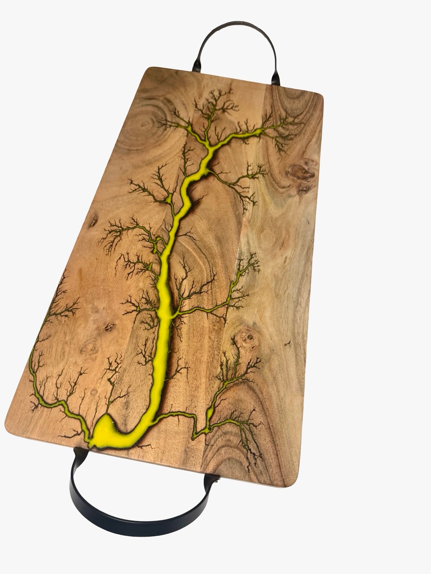 Artisan resin serving board with yellow resin art and natural fractal burning detail through acacia timber, handmade grazing board Australia, Fractal Flow Designs