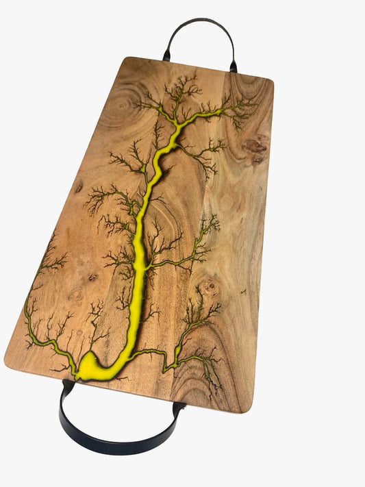 Artisan resin serving board with yellow resin art and natural fractal burning detail through acacia timber, handmade grazing board Australia, Fractal Flow Designs