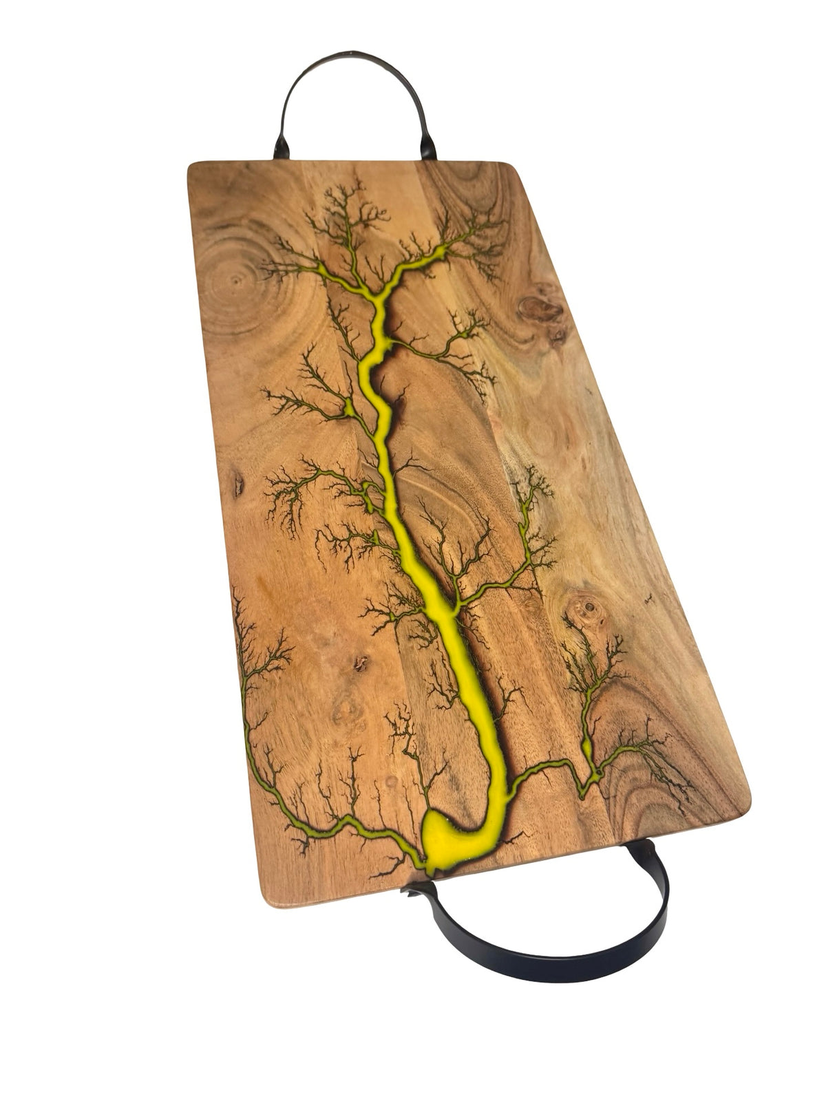 Handcrafted charcuterie serving board with yellow resin flowing through fractal burned acacia timber grain, East Gippsland Australia, Fractal Flow Designs