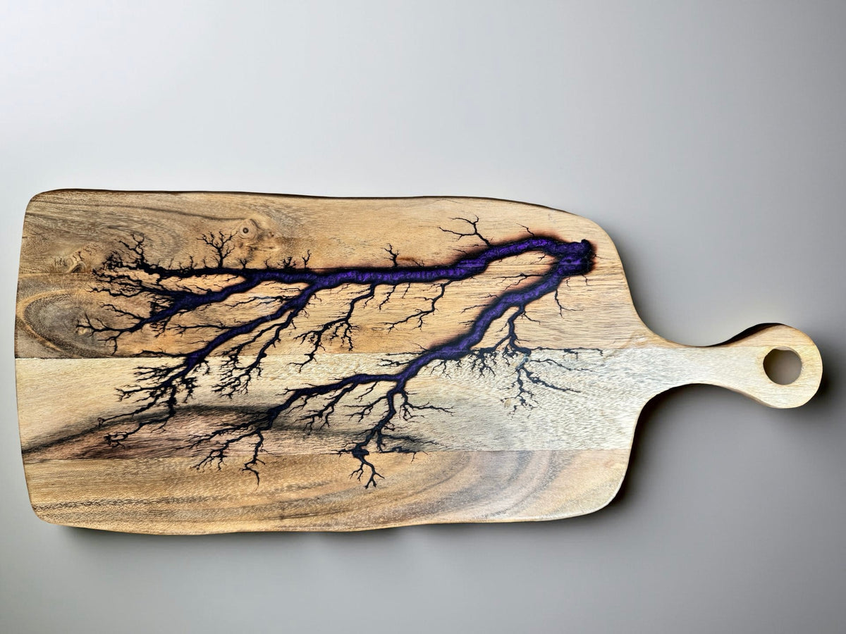 Acacia rectangle cheese paddle purple resin boards Australia fractal burning handcrafted design