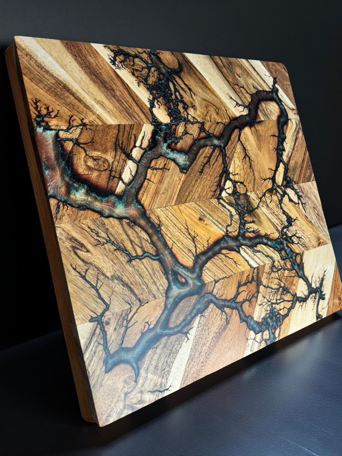 320 x 320 red green chameleon resin chopping board with branching fractal burning art handcrafted Australian hardwood by Fractal Flow Designs Australia’s resin board brand made in East Gippsland