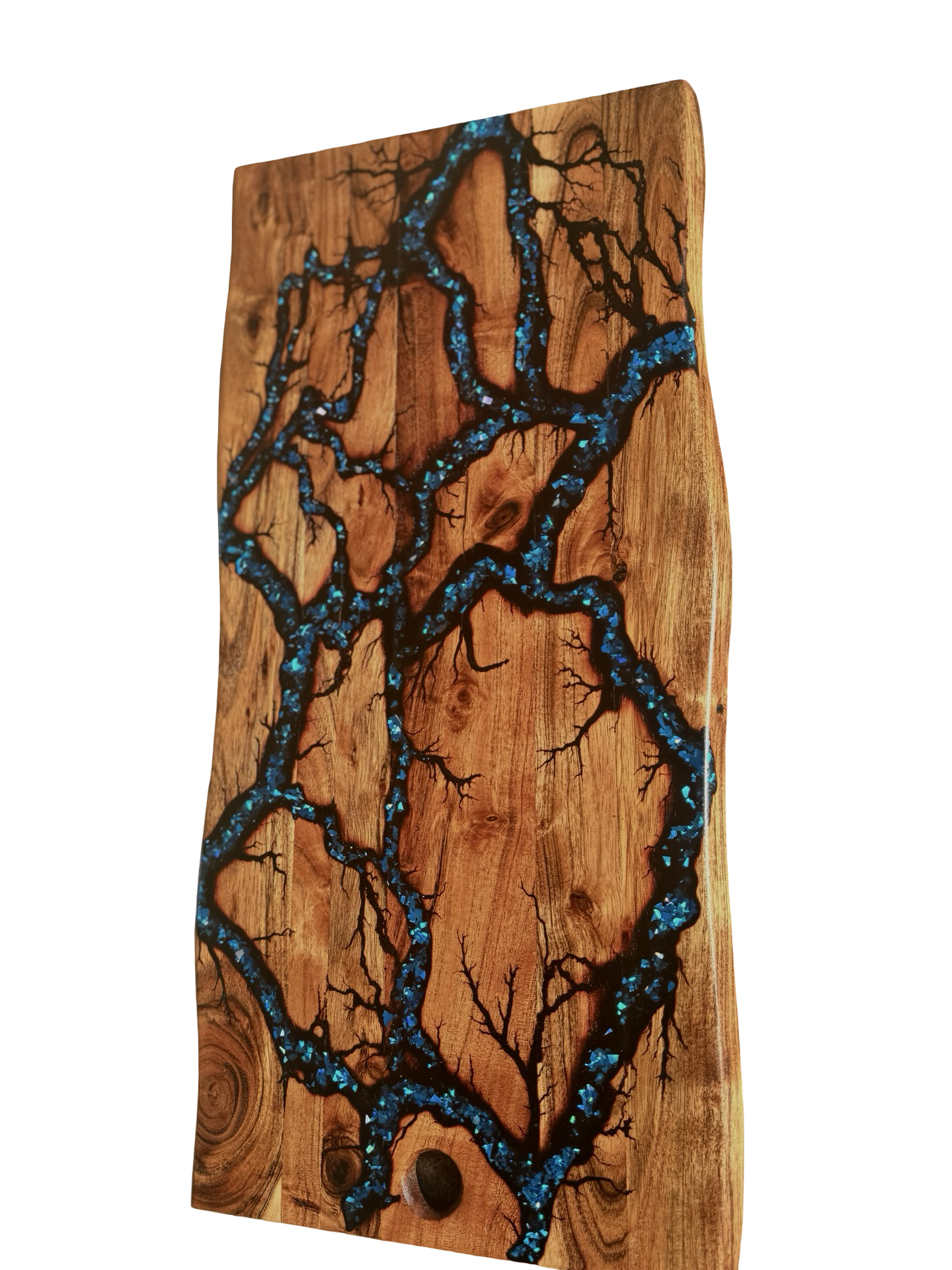 Luxury electric blue resin grazing board, handcrafted live edge hardwood design, Bairnsdale artisan workshop
