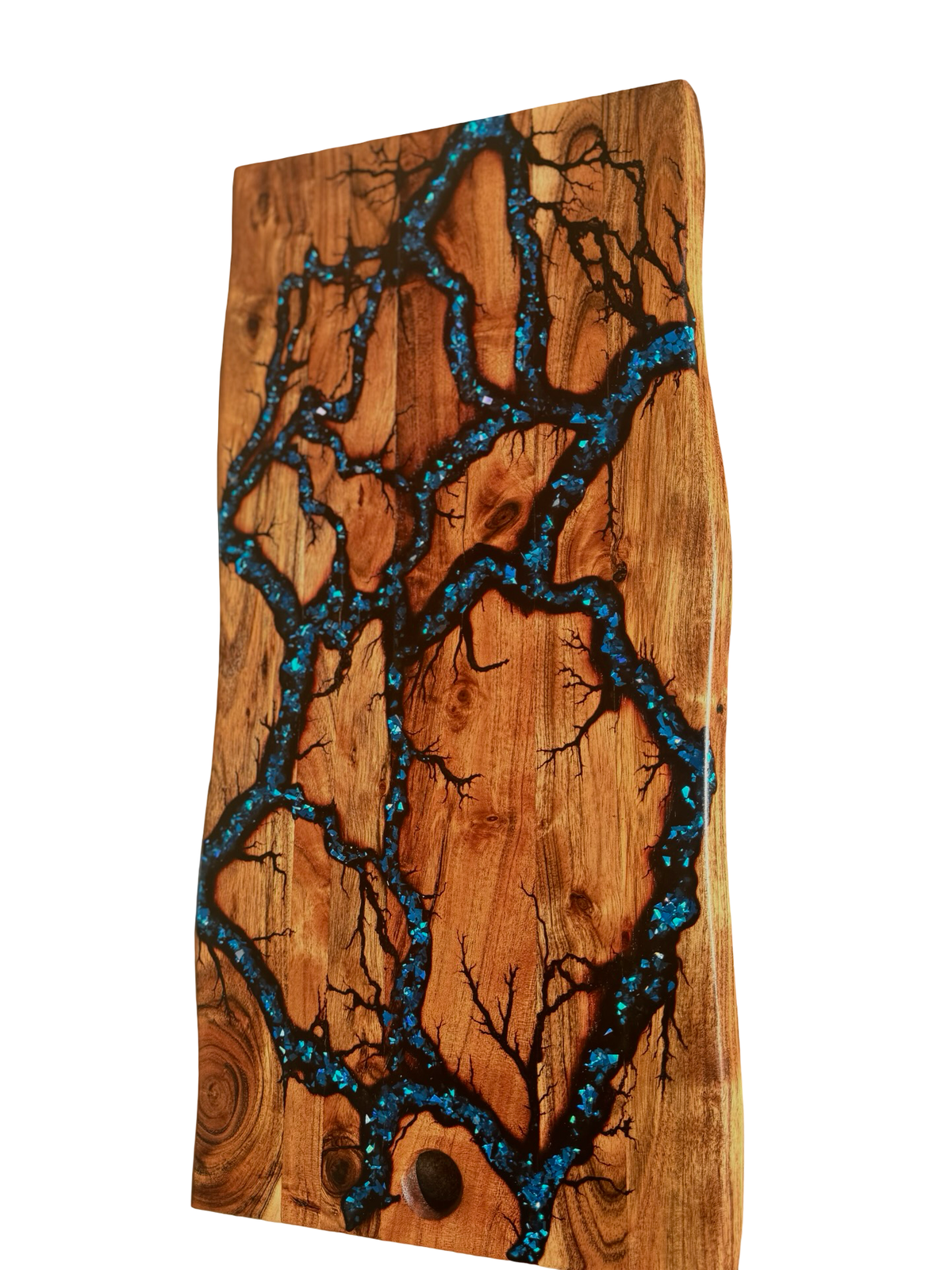 Luxury electric blue resin grazing board, handcrafted live edge hardwood design, Bairnsdale artisan workshop
