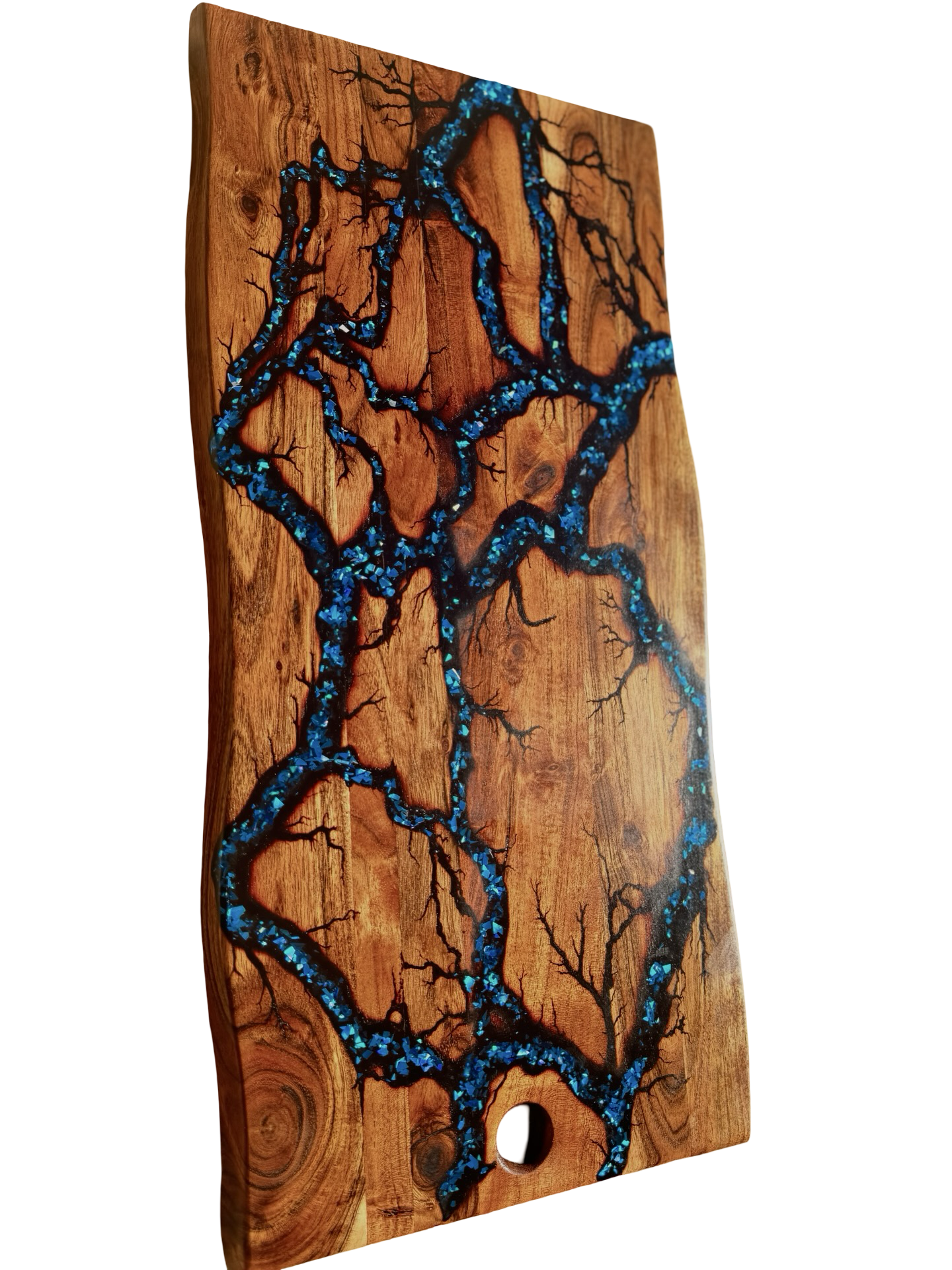 Electric blue resin cheese board, handcrafted Australian timber board, Gippsland artisan made