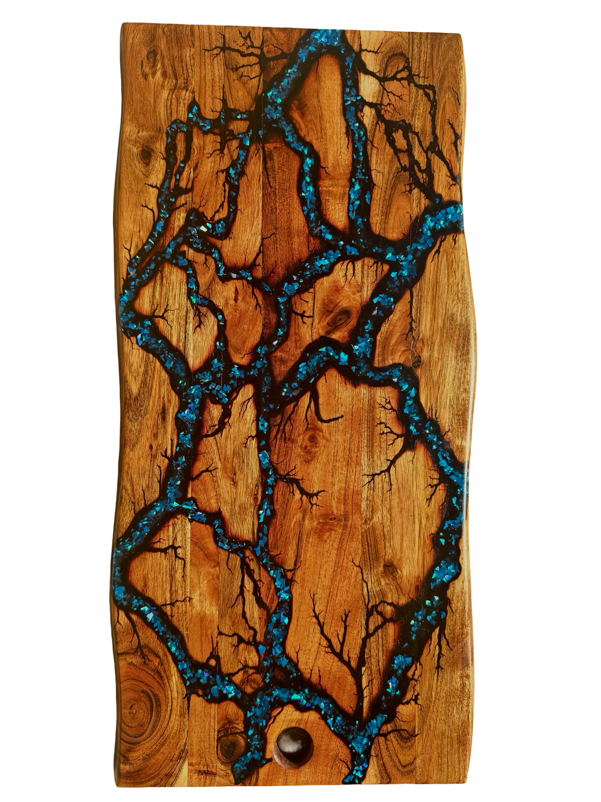 Handmade electric blue resin cheese board, natural hardwood grain finish, East Gippsland Australia