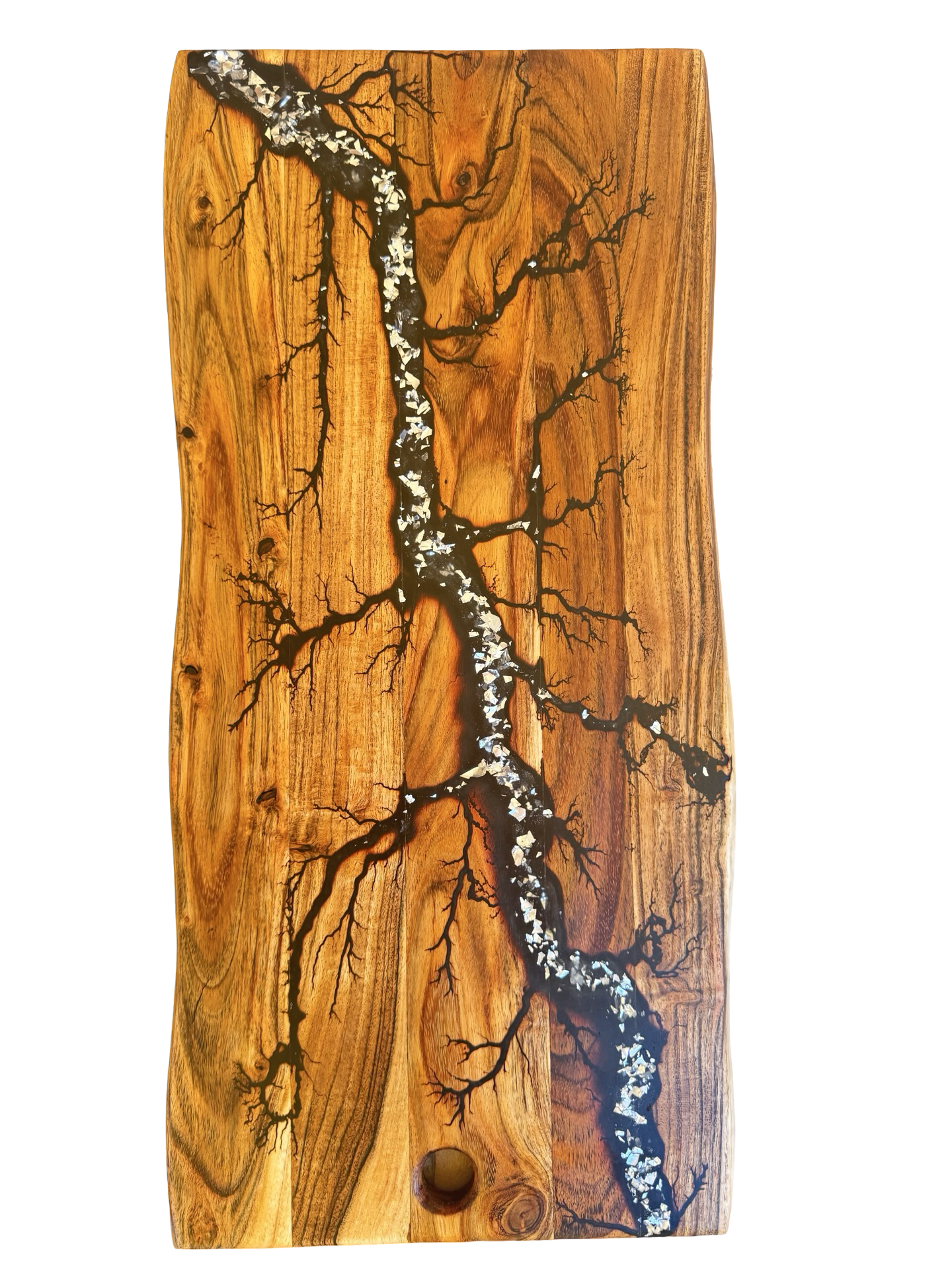 Handmade black and silver resin grazing board with natural timber grain, Gippsland Australia