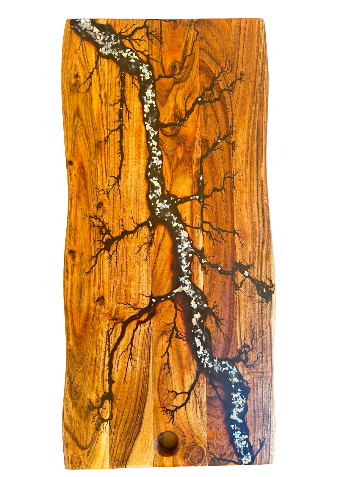 Handmade black and silver resin grazing board with natural timber grain, Gippsland Australia