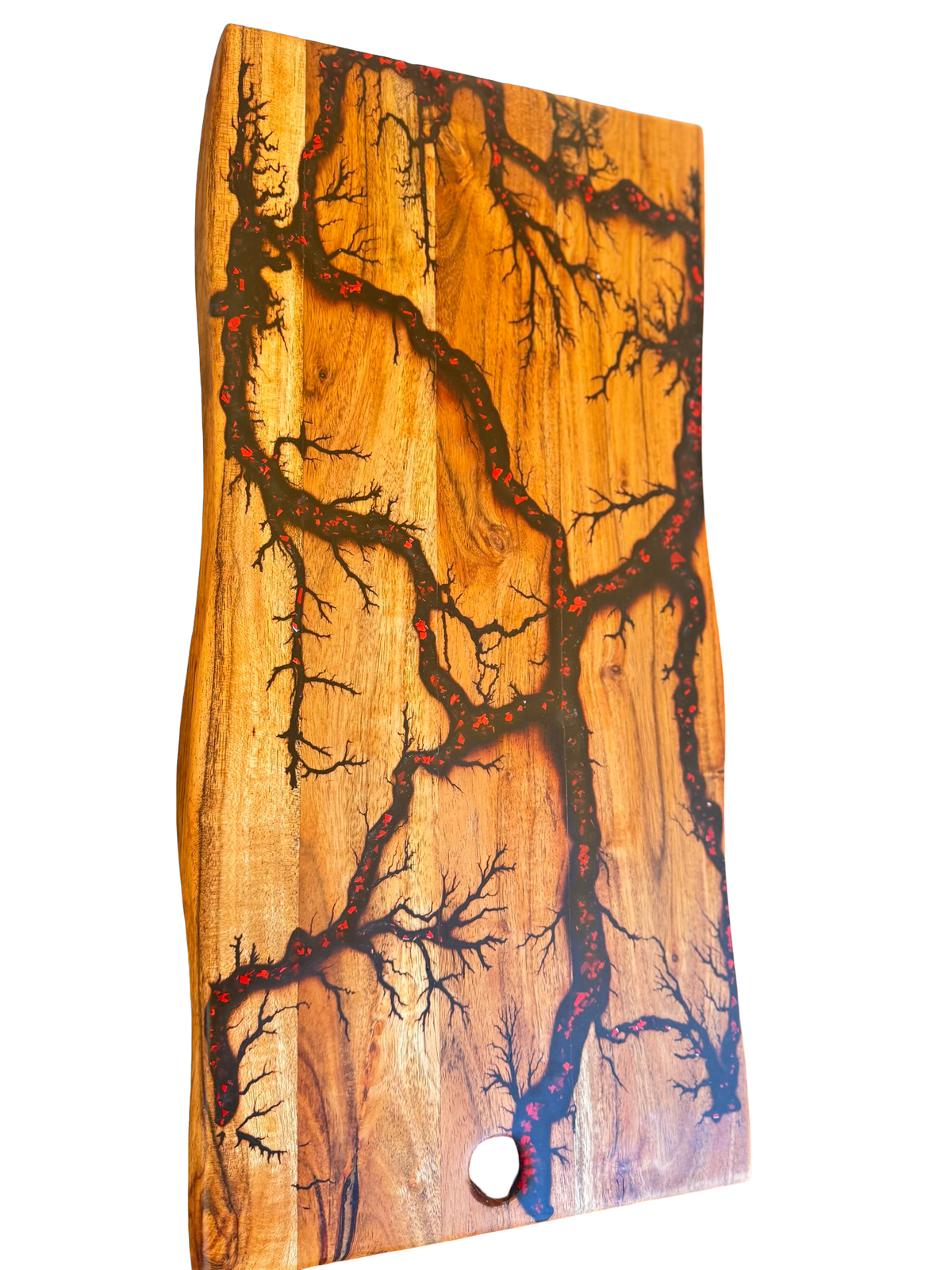 Red and black resin river board with natural live edge timber, handcrafted in Victoria