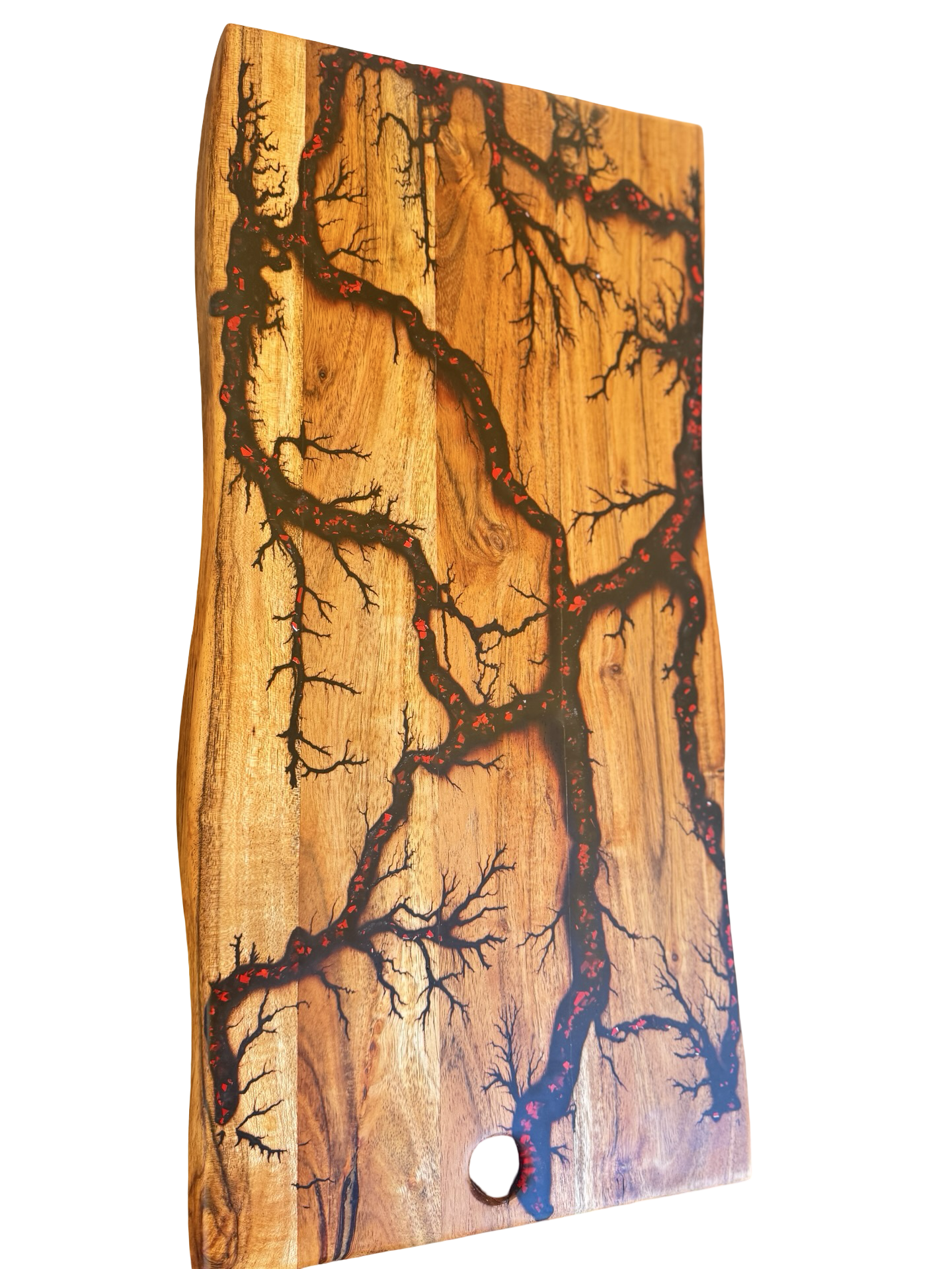 Red and black resin river board with natural live edge timber, handcrafted in Victoria