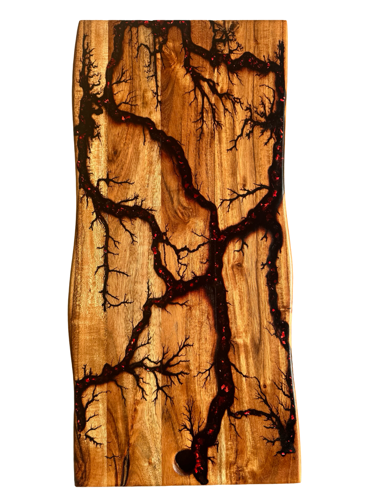 Black and red resin charcuterie board with natural live edge timber, Australian-made artisan board, Gippsland