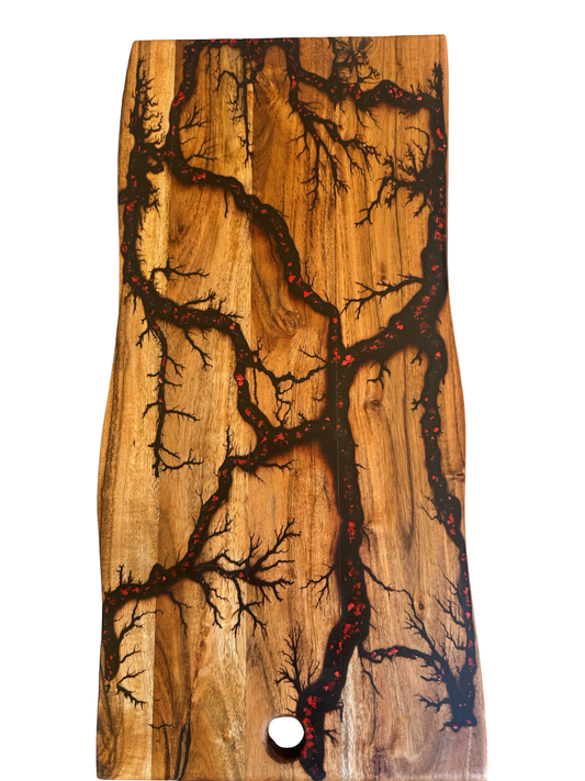 Handmade black and red resin grazing board, natural live edge hardwood construction, Bairnsdale artisan made