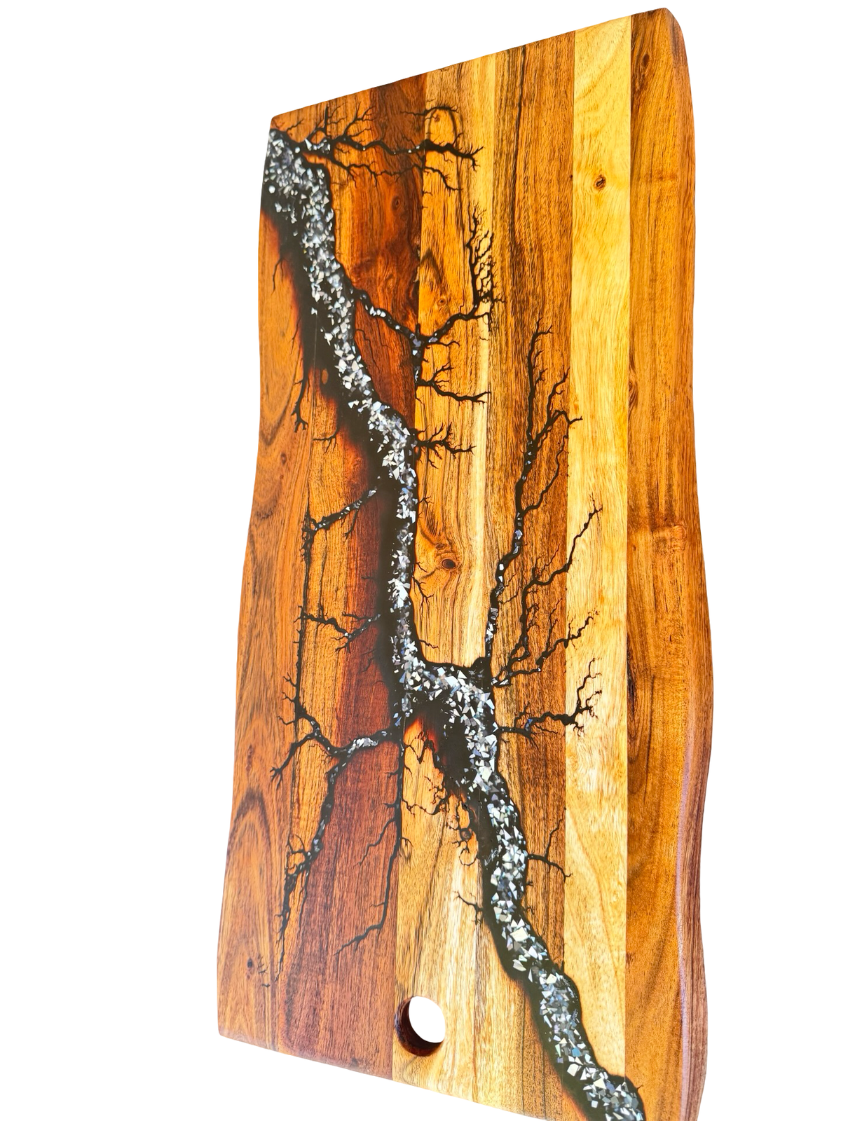 Luxury black and silver resin live edge serving board, handcrafted hardwood design, Melbourne based artisan workshop