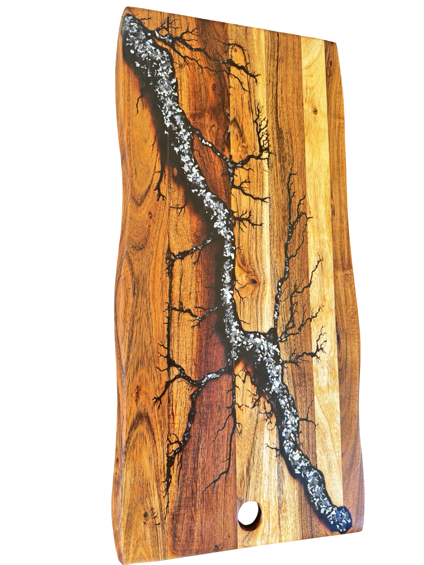 Natural live edge board with black and silver resin feature, handcrafted hardwood board, made in Victoria Australia