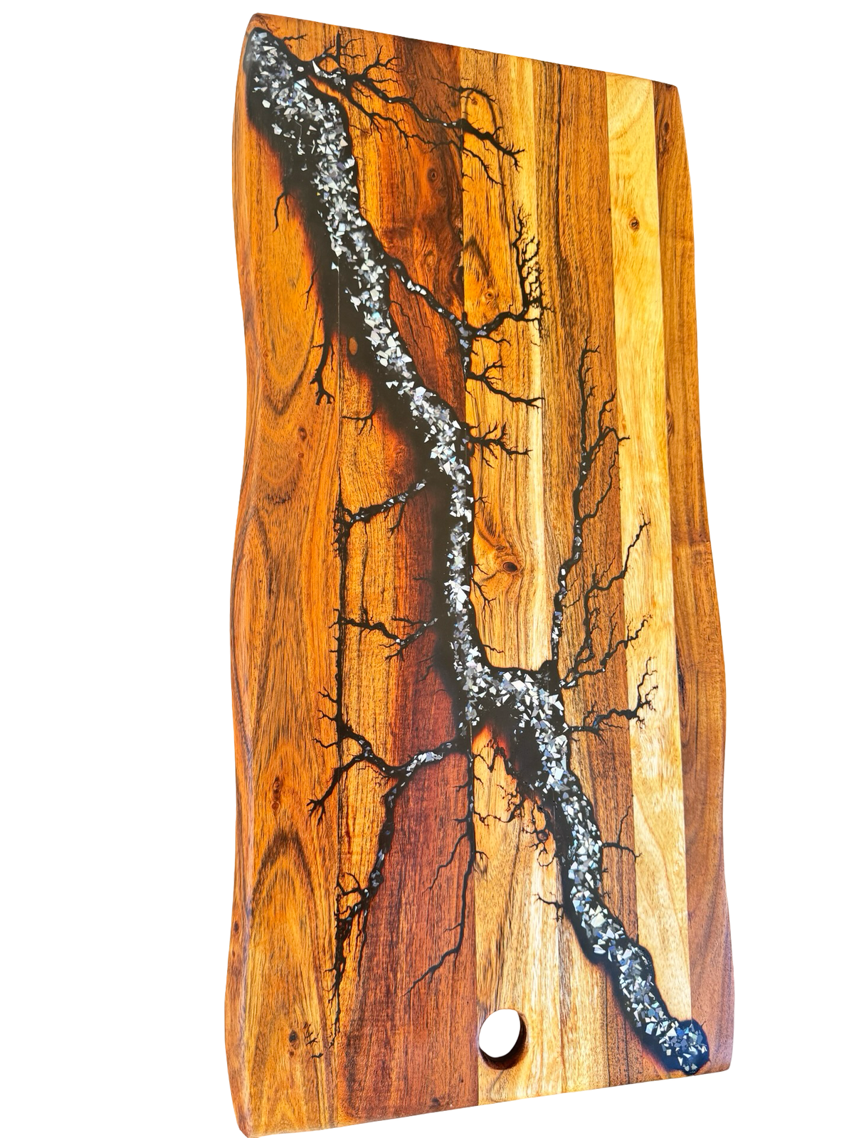 Natural live edge board with black and silver resin feature, handcrafted hardwood board, made in Victoria Australia