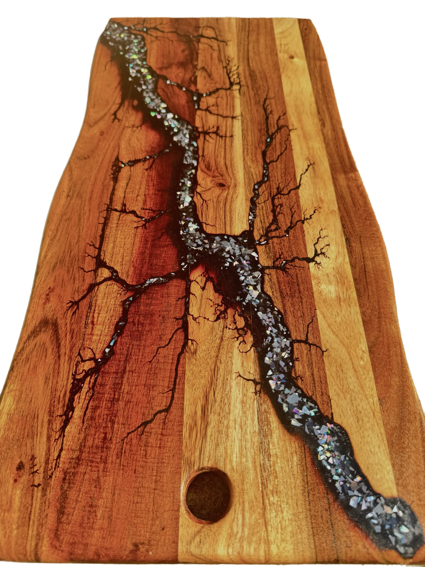 Black and silver resin live edge board, handcrafted Australian timber serving board, East Gippsland artisan made