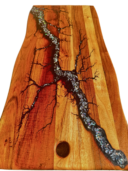 Black and silver resin live edge board, handcrafted Australian timber serving board, East Gippsland artisan made