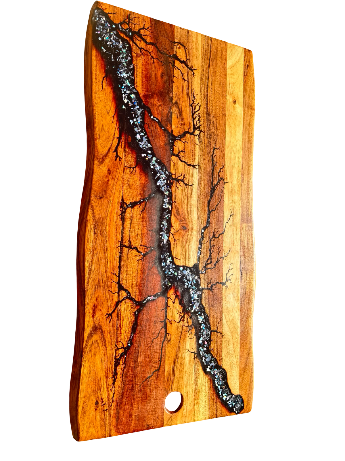Handmade black and silver resin live edge grazing board, natural timber grain, handemade in Vic, Australia