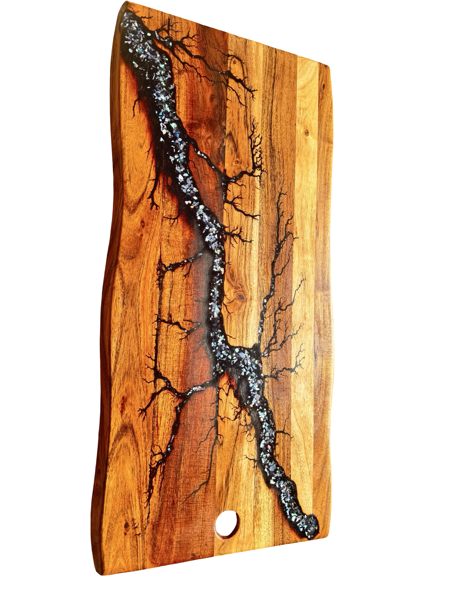 Handmade black and silver resin live edge grazing board, natural timber grain, handemade in Vic, Australia