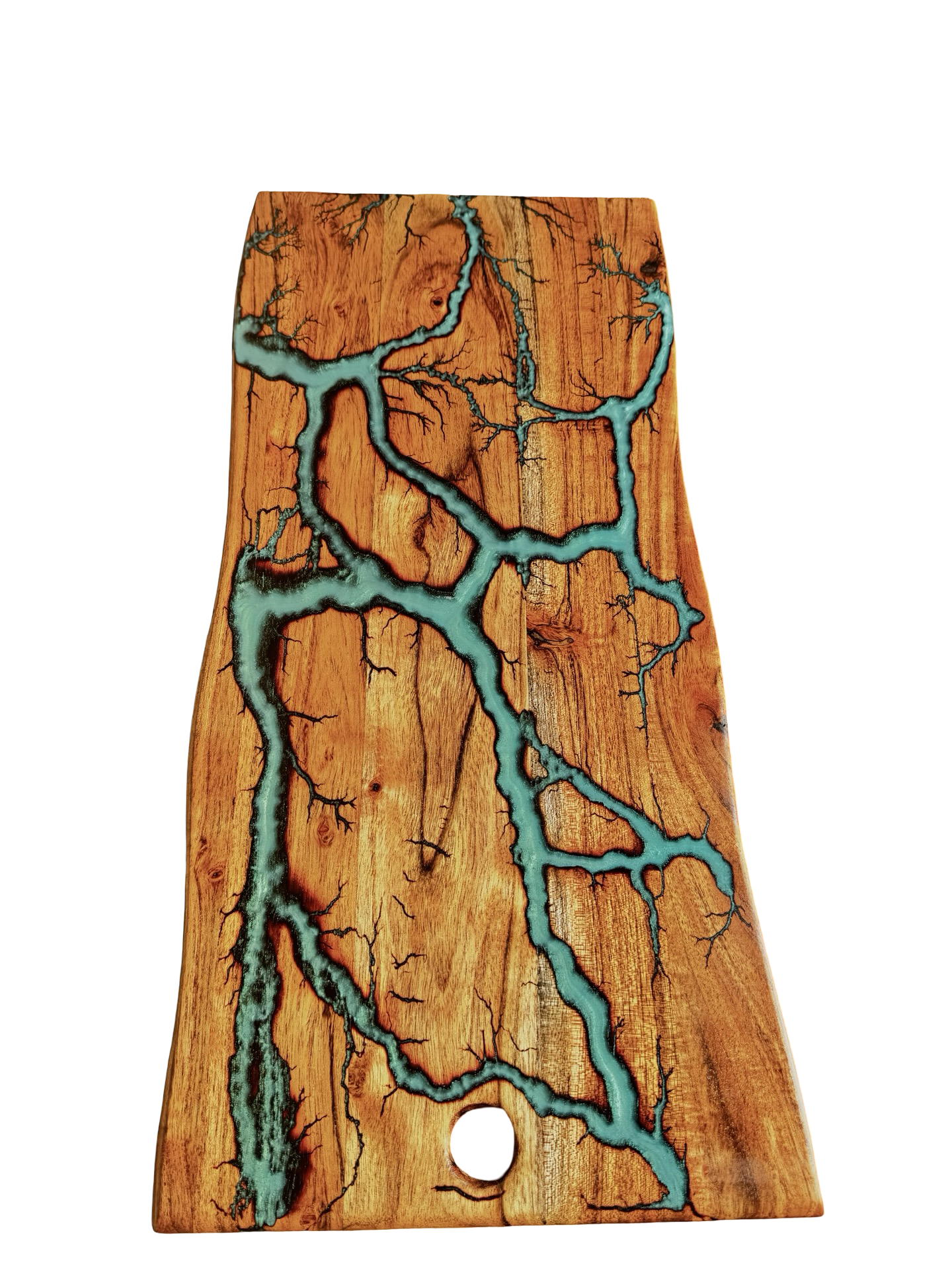 Luxury teal fractal burnt cheese board, handcrafted live edge timber design, Victorian artisan 