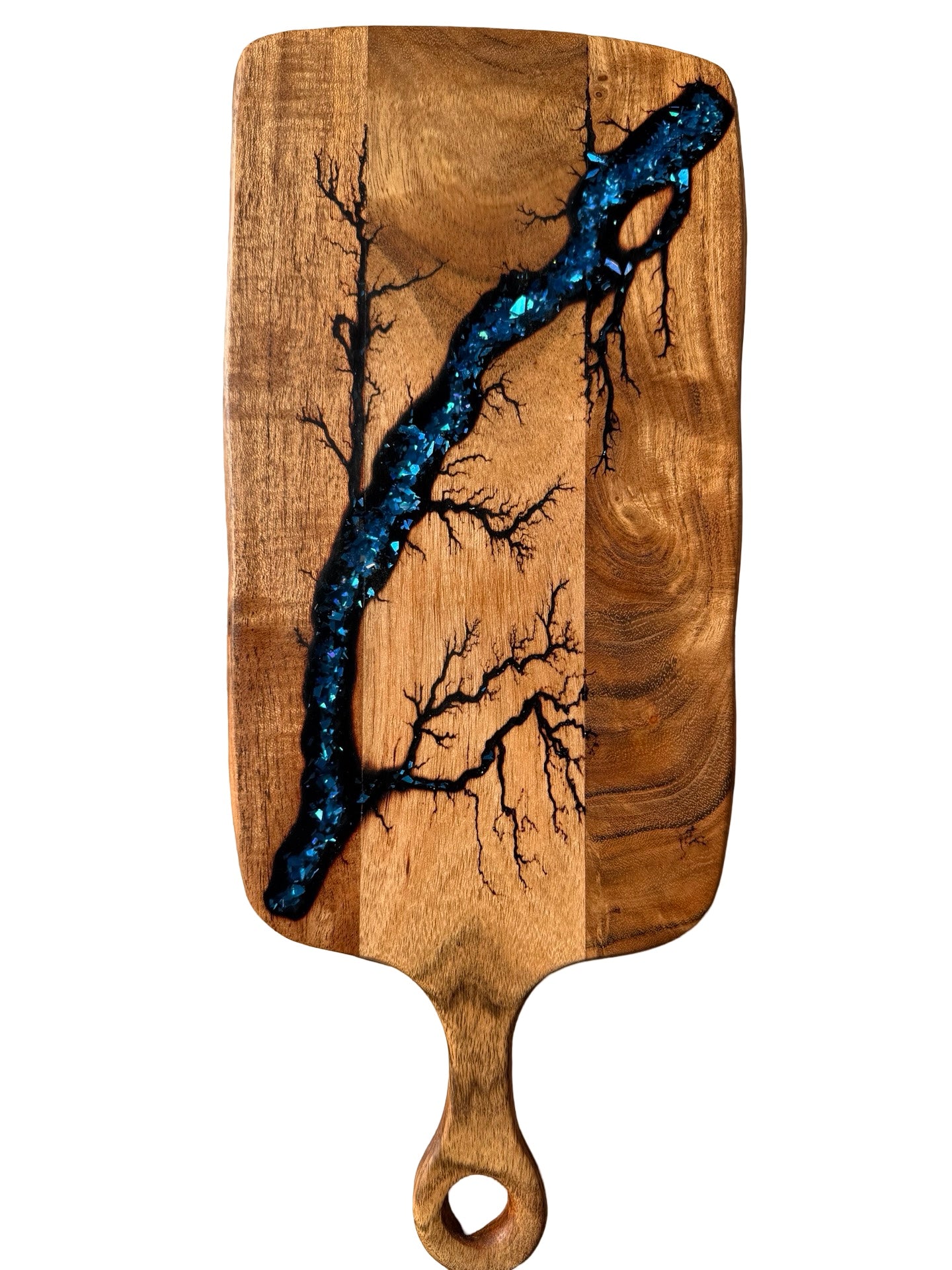 Blue resin cheese board paddle handcrafted from Australian acacia timber, East Gippsland