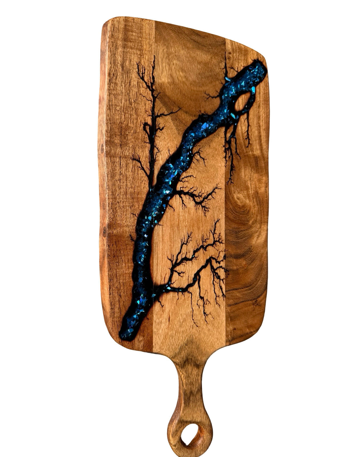 One of a kind blue resin charcuterie paddle made from Australian acacia