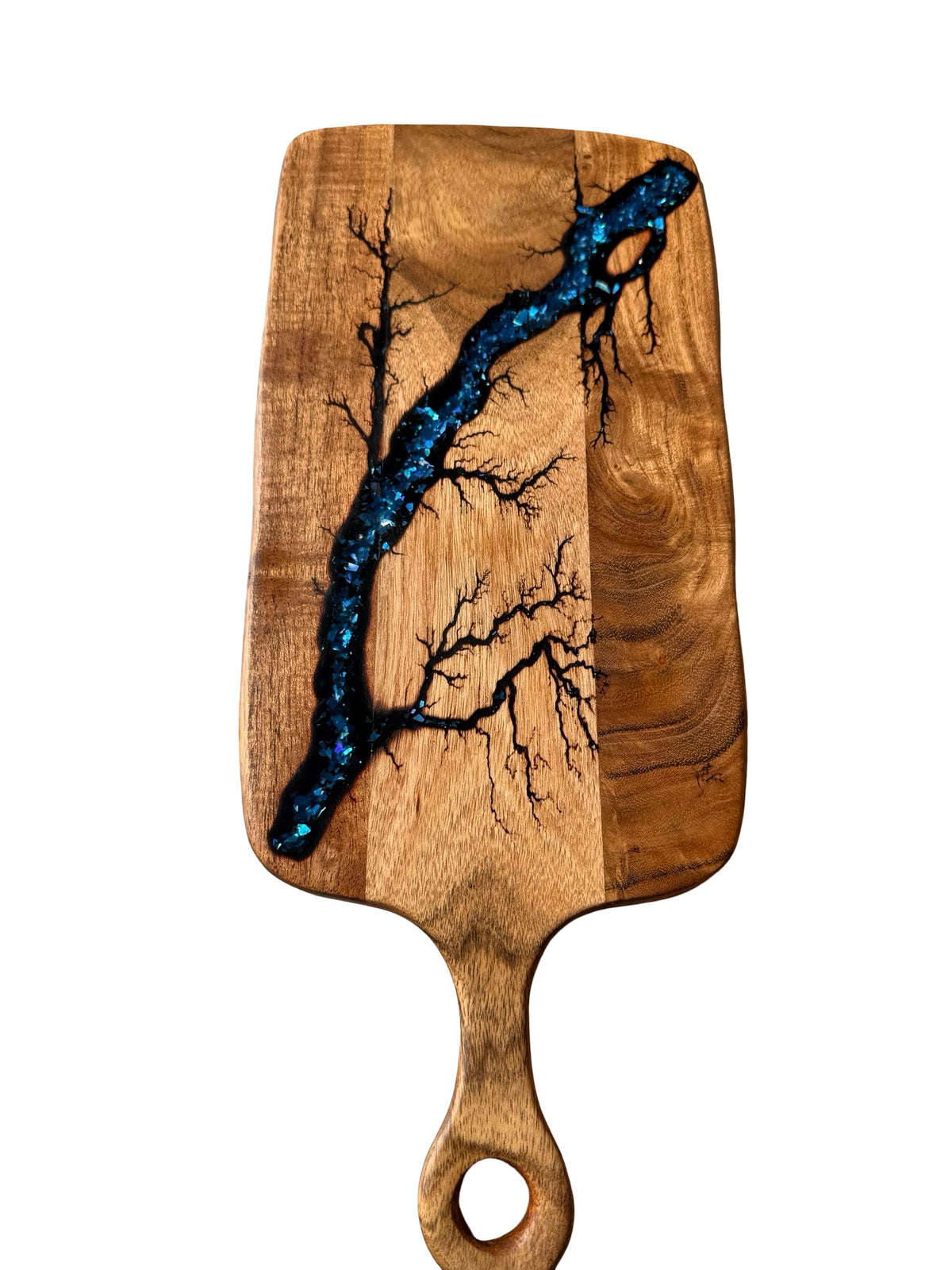 Handmade blue resin cheese board paddle with fractal burning art, Australia