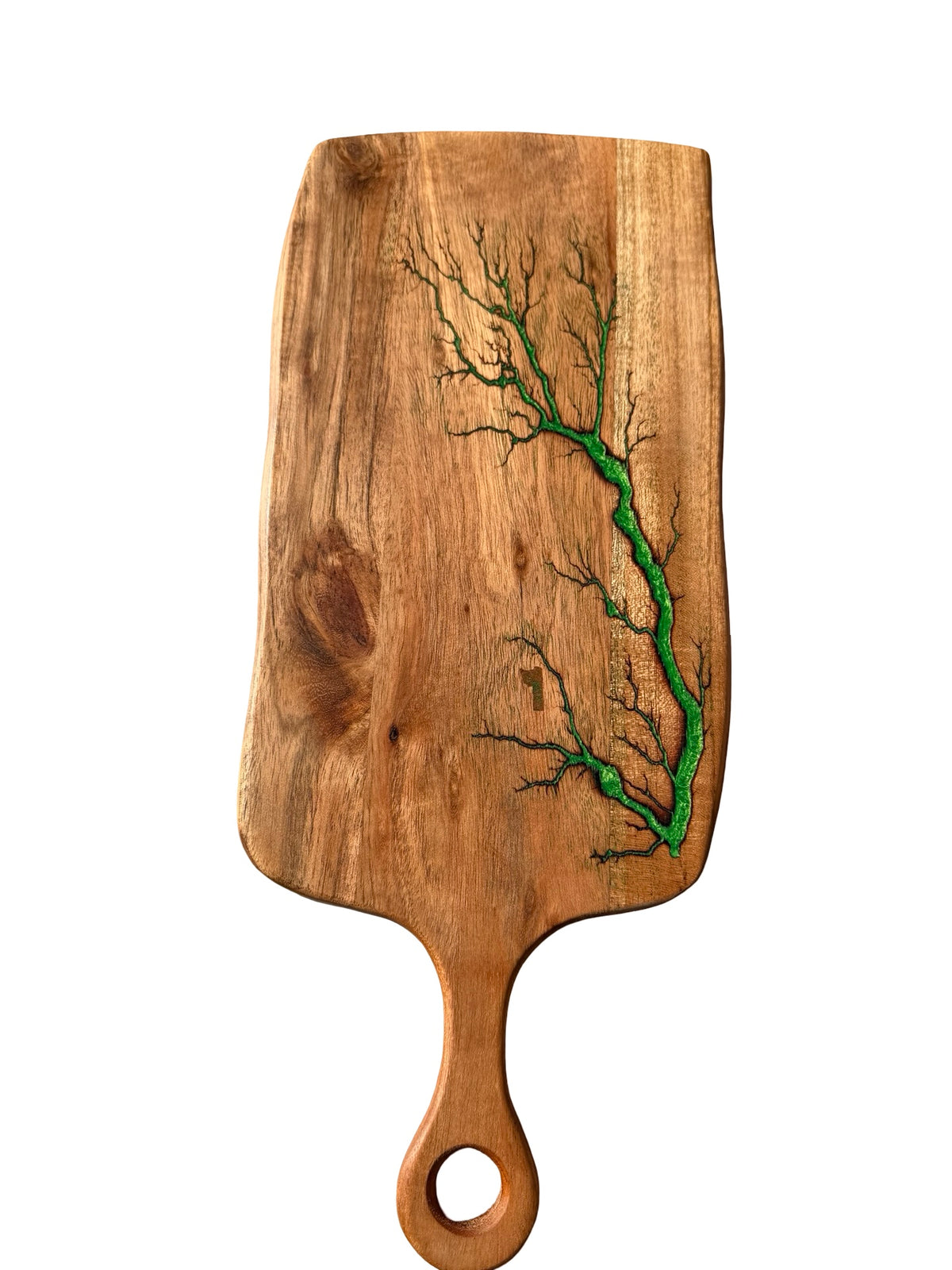 Luxury green resin cheese board paddle with handcrafted fractal burnt design