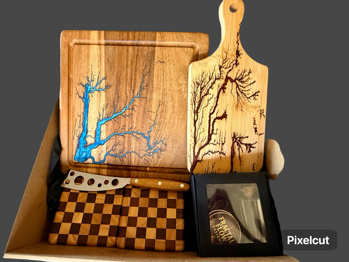 One of a kind sky blue resin cheese board gift set crafted from Australian acacia