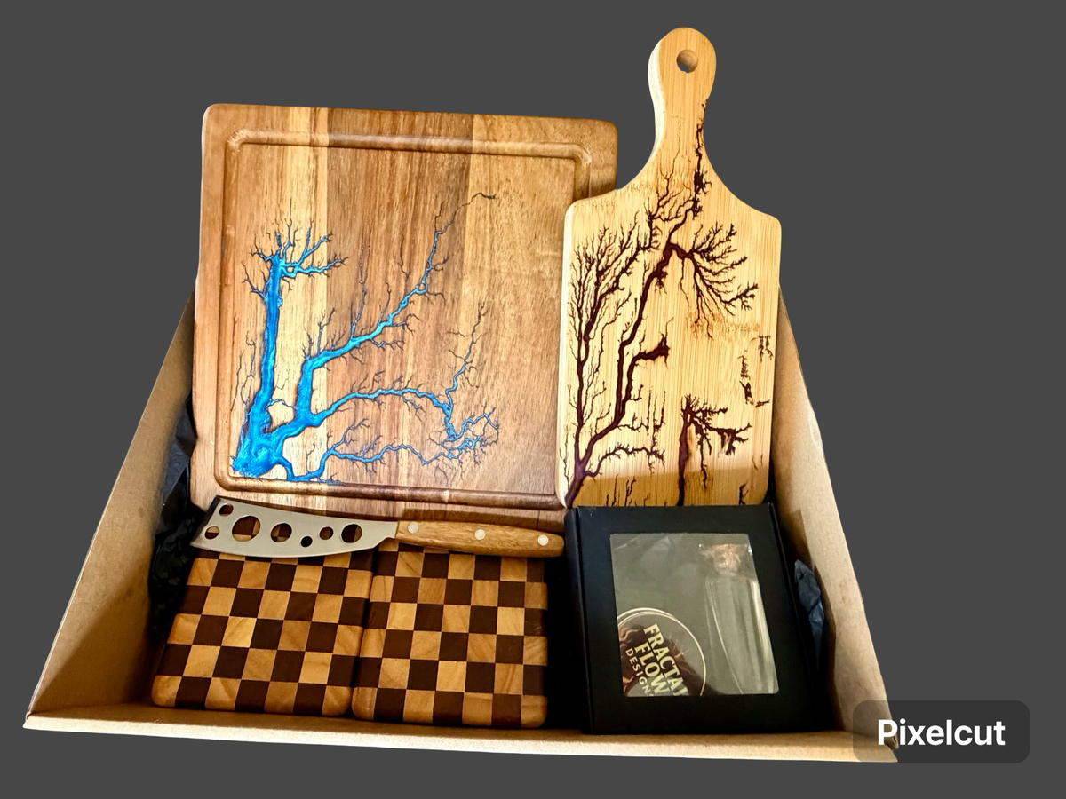 Sky blue resin charcuterie board and red paddle board gift box for weddings, anniversaries and housewarmings, made in australia
