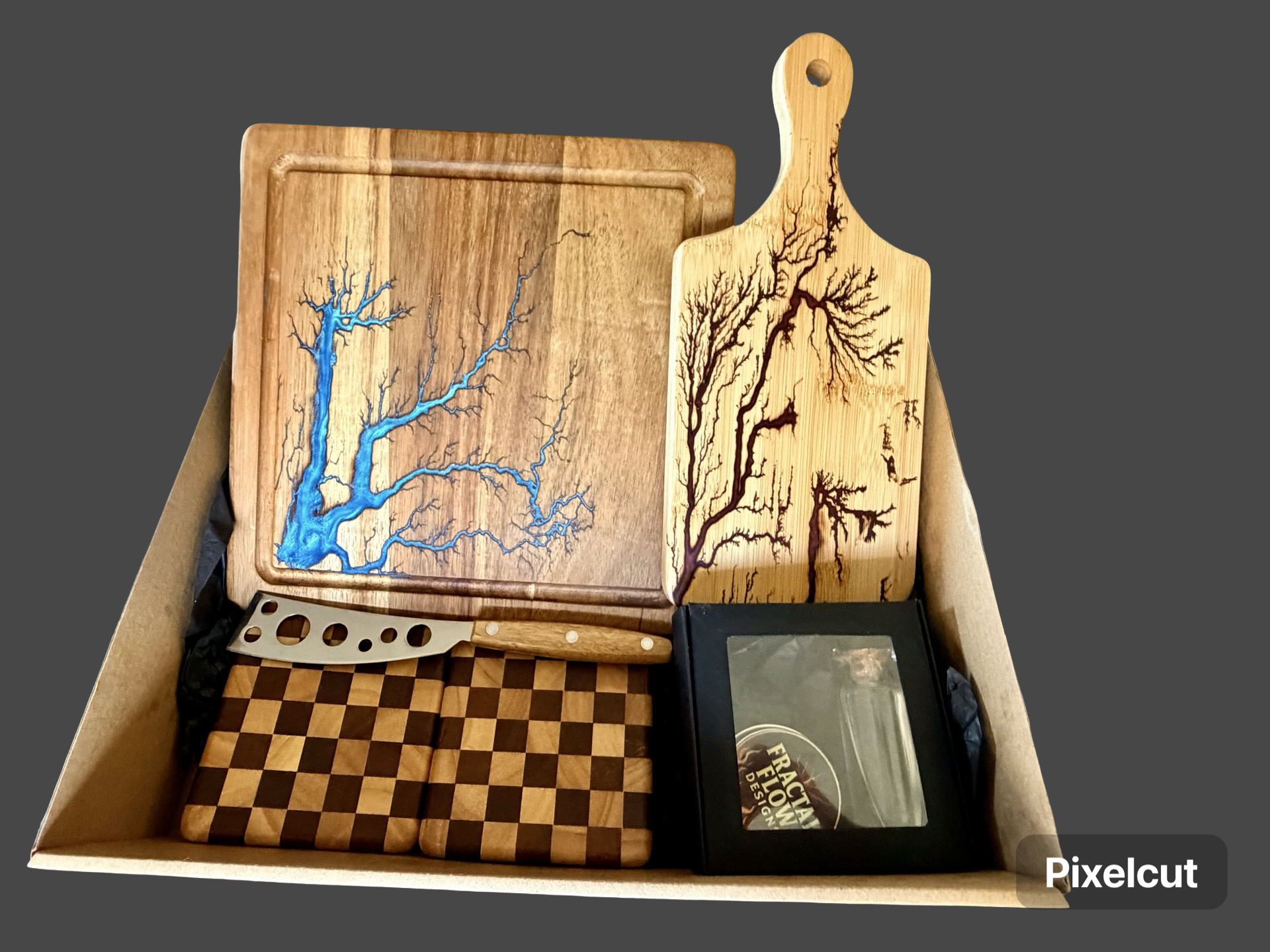 Sky blue resin charcuterie board and red paddle board gift box for weddings, anniversaries and housewarmings, made in australia