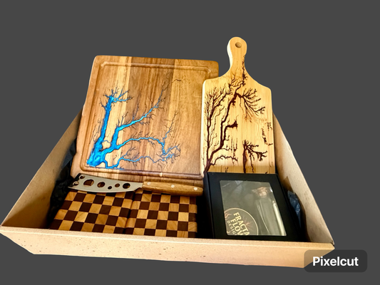 Gift ready sky blue resin cheese board set with premium Australian timber and fractal artwork