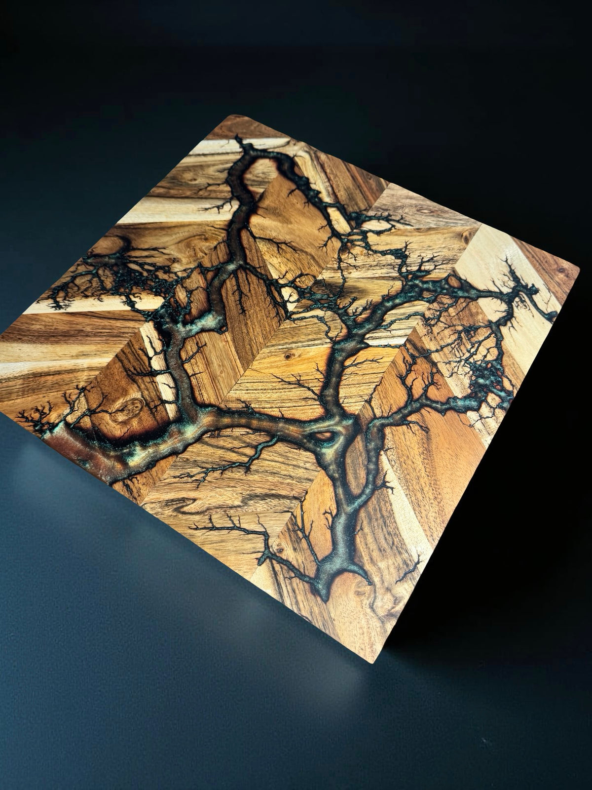 320 x 320 Australian hardwood chopping board with red green chameleon resin colour shift and branching fractal burning art artisan crafted in East Gippsland resin boards Australia by Fractal Flow Designs