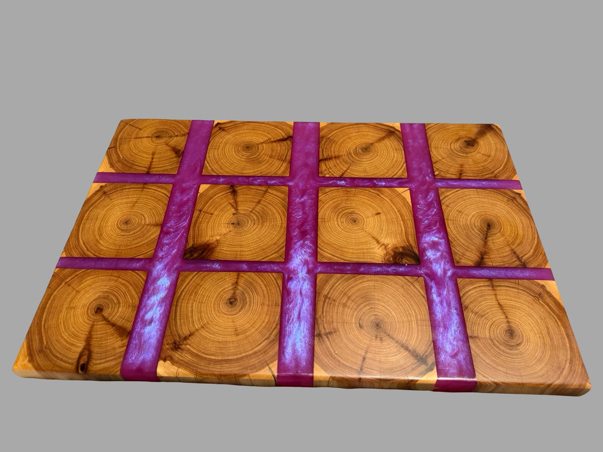 Handmade Cyprus timber and resin chopping board with a purple and blue shimmer resin perfect for gifting for any special occasion, heavy duty 