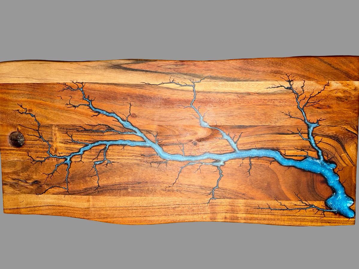 Sky blue resin charcuterie board Australia handcrafted timber grazing platter by Fractal Flow Designs