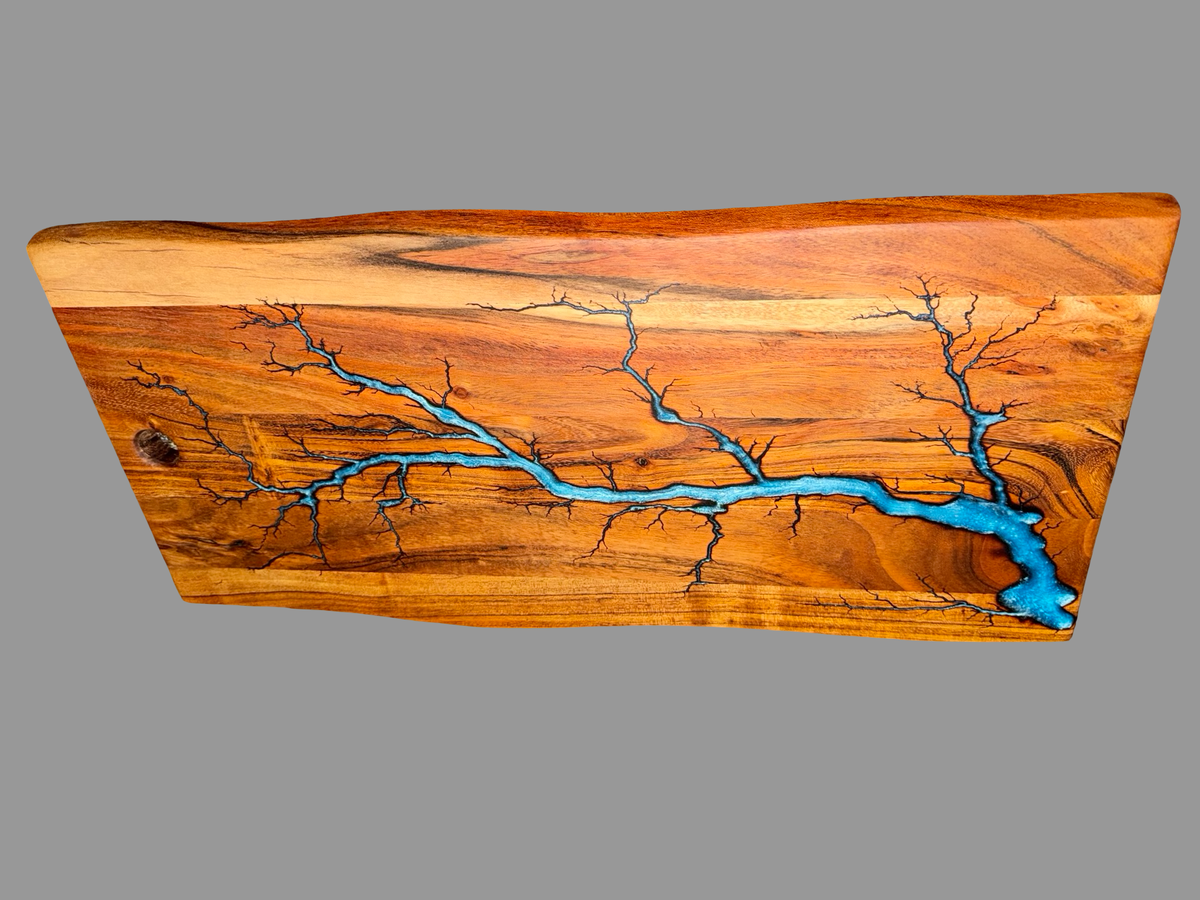 Handmade sky blue resin charcuterie board with Australian timber by Fractal Flow Designs
