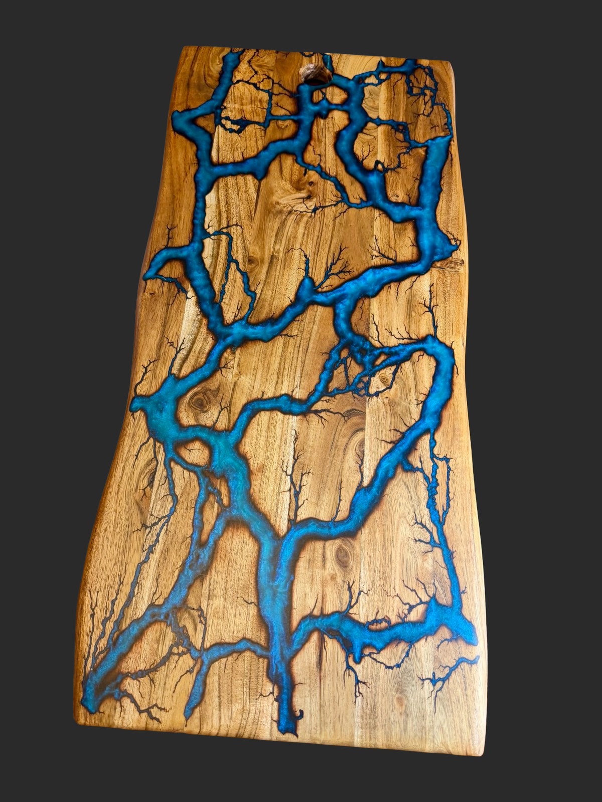 Acacia serving board made from Australian acacia timber featuring turquoise resin art from fractal burning making great gifts for home or any special occasion 