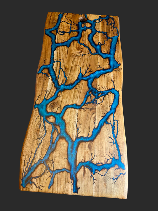 Acacia serving board made from Australian acacia timber featuring turquoise resin art from fractal burning making great gifts for home or any special occasion 
