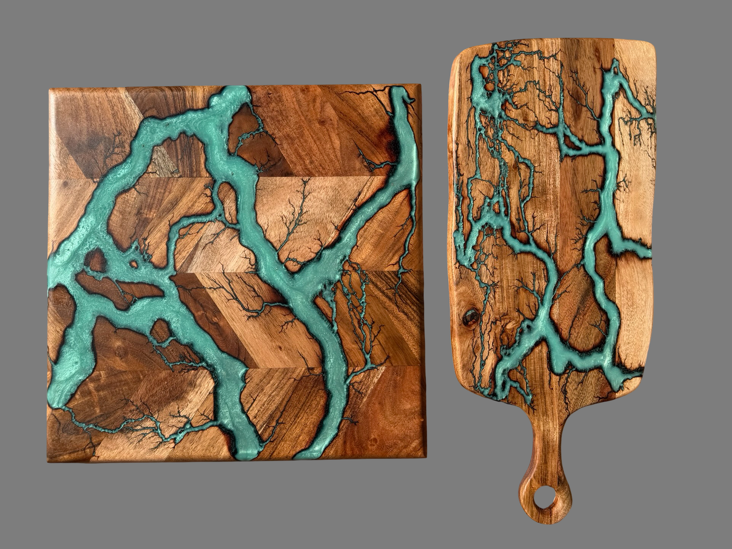 Australian acacia resin board gift set featuring cheese board paddle and chopping board with teal green resin art wok by fractal flow designs , premium craftsmanship 