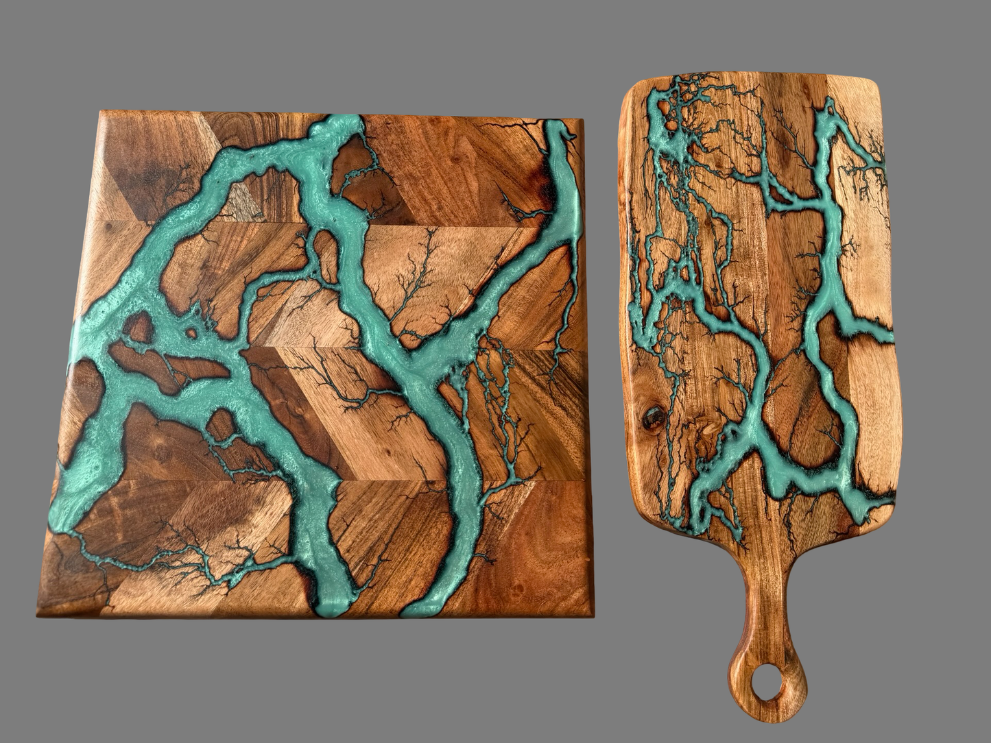 Gift ready Australian acacia two board gift set with iridescent green resin and premium presentation box 