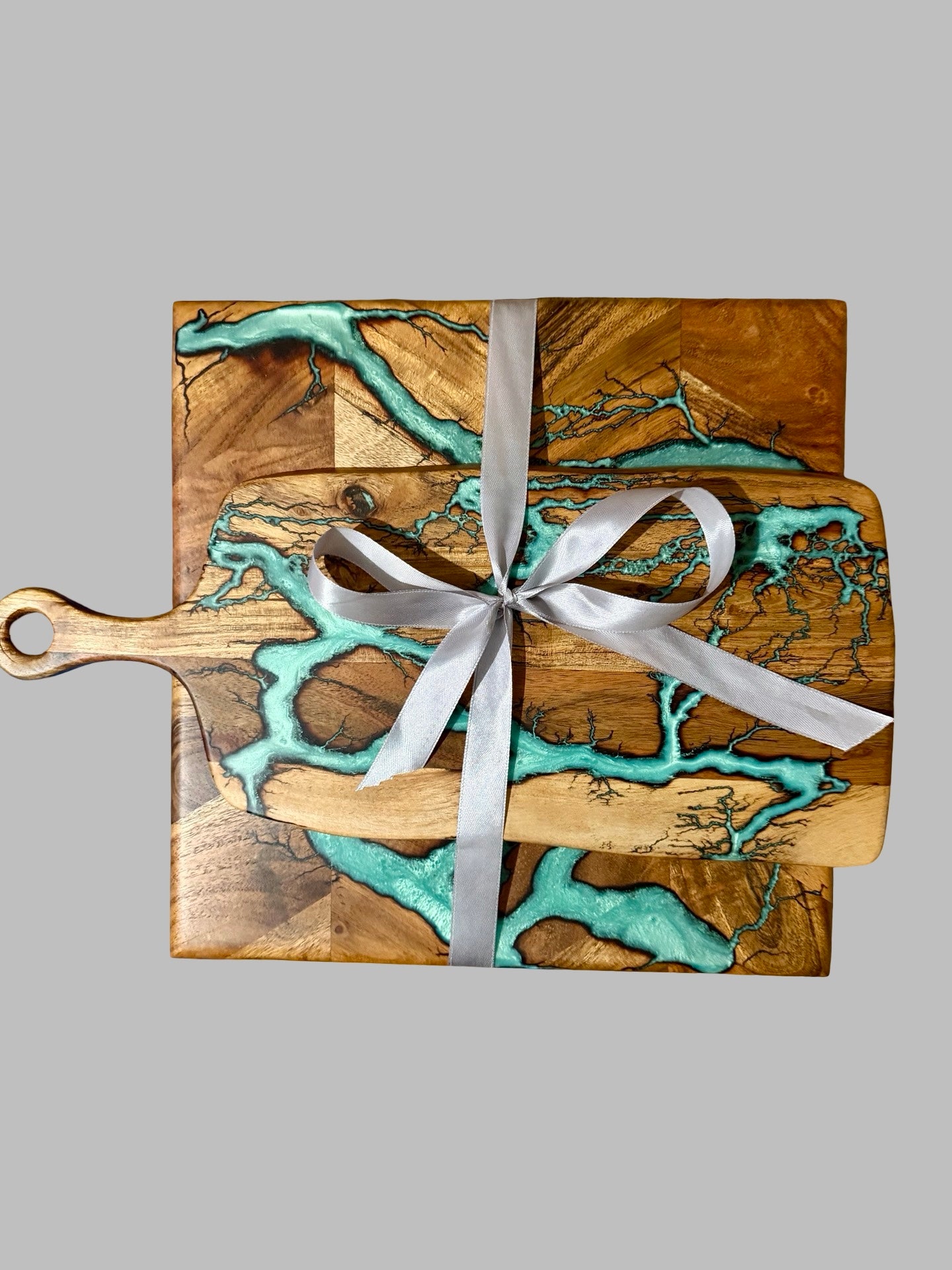 Iridescent tree resin boardgift set featuring a cheese board and chopping board set made in Australia