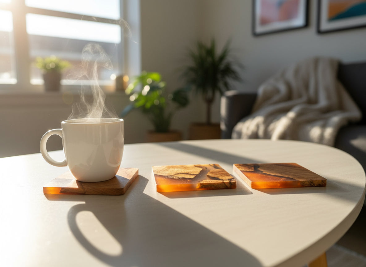 Front right view of Australian Resin and Timber coasters by Fractal Flow Designs – handcrafted wood with Premium Resin  , Luxury Home-wares and corporate-gift ideas 