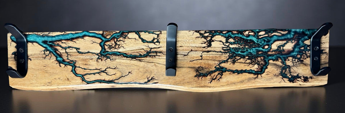 Green resin coat rack with fractal burning art inlayed with resin, handcrafted in Victoria